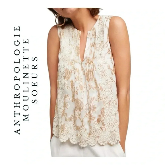 1886.‎ ANTHROPOLOGIE MOULINETTE SOEURS SKLER SHINE BLOUSE TANK GOLD EMBROIDERY - Picture 1 of 12